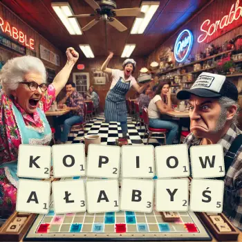 Kreatywna ilustracja do gry w Scrabble ze słowem KOPIOWAŁABYŚ ułożonym z płytek na planszy.