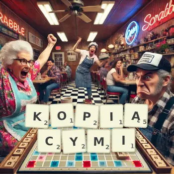Kreatywna ilustracja do gry w Scrabble ze słowem KOPIĄCYMI ułożonym z płytek na planszy.