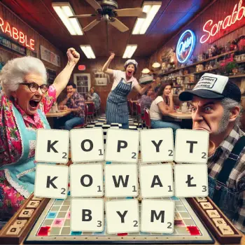 Kreatywna ilustracja do gry w Scrabble ze słowem KOPYTKOWAŁBYM ułożonym z płytek na planszy.