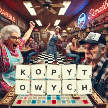 Kreatywna ilustracja do gry w Scrabble ze słowem KOPYTOWYCH ułożonym z płytek na planszy.