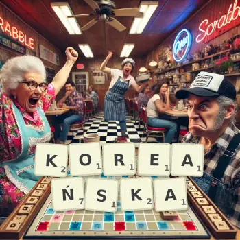 Kreatywna ilustracja do gry w Scrabble ze słowem KOREAŃSKA ułożonym z płytek na planszy.