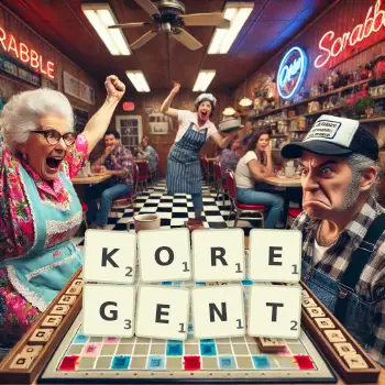 Kreatywna ilustracja do gry w Scrabble ze słowem KOREGENT ułożonym z płytek na planszy.