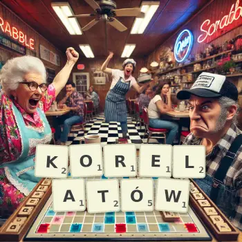 Kreatywna ilustracja do gry w Scrabble ze słowem KORELATÓW ułożonym z płytek na planszy.