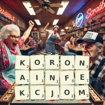 Kreatywna ilustracja do gry w Scrabble ze słowem KORONAINFEKCJOM ułożonym z płytek na planszy.