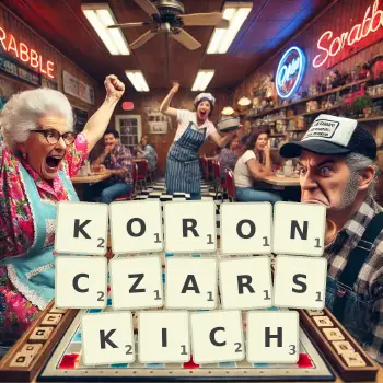 Kreatywna ilustracja do gry w Scrabble ze słowem KORONCZARSKICH ułożonym z płytek na planszy.
