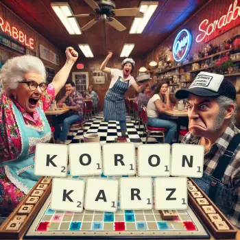 Kreatywna ilustracja do gry w Scrabble ze słowem KORONKARZ ułożonym z płytek na planszy.