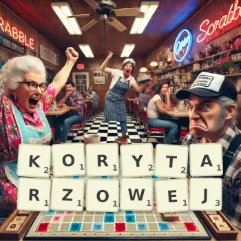 Kreatywna ilustracja do gry w Scrabble ze słowem KORYTARZOWEJ ułożonym z płytek na planszy.