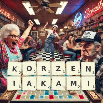 Kreatywna ilustracja do gry w Scrabble ze słowem KORZENIAKAMI ułożonym z płytek na planszy.
