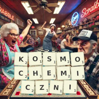 Kreatywna ilustracja do gry w Scrabble ze słowem KOSMOCHEMICZNI ułożonym z płytek na planszy.