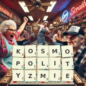 Kreatywna ilustracja do gry w Scrabble ze słowem KOSMOPOLITYZMIE ułożonym z płytek na planszy.