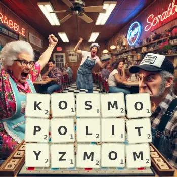Kreatywna ilustracja do gry w Scrabble ze słowem KOSMOPOLITYZMOM ułożonym z płytek na planszy.