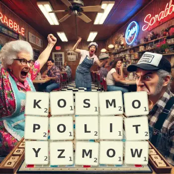 Kreatywna ilustracja do gry w Scrabble ze słowem KOSMOPOLITYZMOW ułożonym z płytek na planszy.