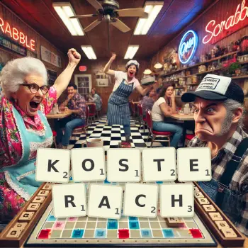 Kreatywna ilustracja do gry w Scrabble ze słowem KOSTERACH ułożonym z płytek na planszy.