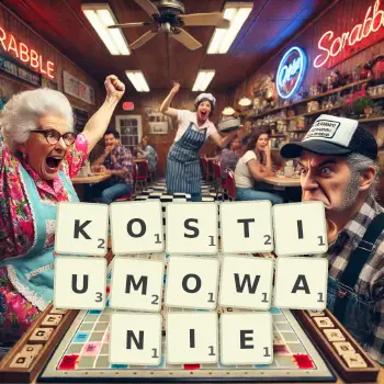 Kreatywna ilustracja do gry w Scrabble ze słowem KOSTIUMOWANIE ułożonym z płytek na planszy.