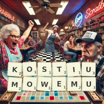 Kreatywna ilustracja do gry w Scrabble ze słowem KOSTIUMOWEMU ułożonym z płytek na planszy.