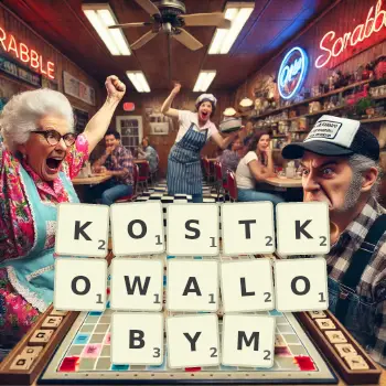 Kreatywna ilustracja do gry w Scrabble ze słowem KOSTKOWALOBYM ułożonym z płytek na planszy.