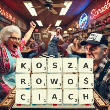 Kreatywna ilustracja do gry w Scrabble ze słowem KOSZAROWOŚCIACH ułożonym z płytek na planszy.