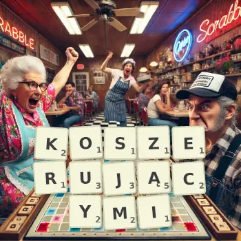 Kreatywna ilustracja do gry w Scrabble ze słowem KOSZERUJĄCYMI ułożonym z płytek na planszy.