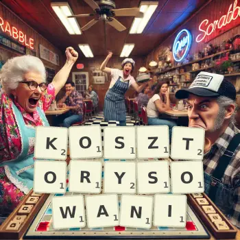 Kreatywna ilustracja do gry w Scrabble ze słowem KOSZTORYSOWANI ułożonym z płytek na planszy.