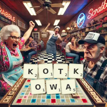 Kreatywna ilustracja do gry w Scrabble ze słowem KOTKOWĄ ułożonym z płytek na planszy.