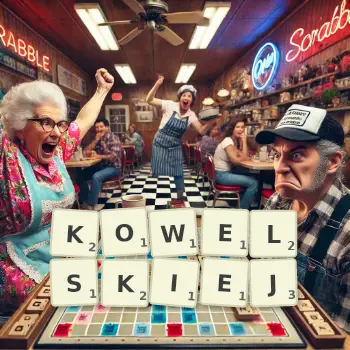 Kreatywna ilustracja do gry w Scrabble ze słowem KOWELSKIEJ ułożonym z płytek na planszy.