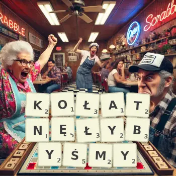 Kreatywna ilustracja do gry w Scrabble ze słowem KOŁATNĘŁYBYŚMY ułożonym z płytek na planszy.
