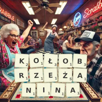 Kreatywna ilustracja do gry w Scrabble ze słowem KOŁOBRZEŻANINA ułożonym z płytek na planszy.