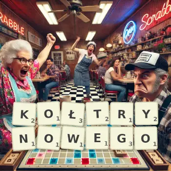 Kreatywna ilustracja do gry w Scrabble ze słowem KOŁTRYNOWEGO ułożonym z płytek na planszy.