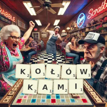 Kreatywna ilustracja do gry w Scrabble ze słowem KOŁÓWKAMI ułożonym z płytek na planszy.