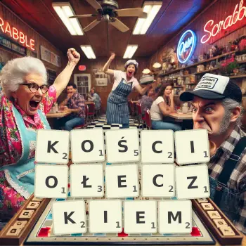 Kreatywna ilustracja do gry w Scrabble ze słowem KOŚCIOŁECZKIEM ułożonym z płytek na planszy.