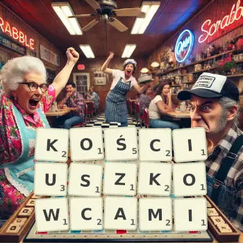Kreatywna ilustracja do gry w Scrabble ze słowem KOŚCIUSZKOWCAMI ułożonym z płytek na planszy.