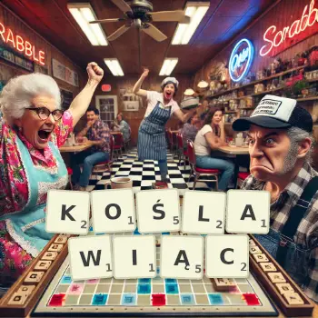 Kreatywna ilustracja do gry w Scrabble ze słowem KOŚLAWIĄC ułożonym z płytek na planszy.