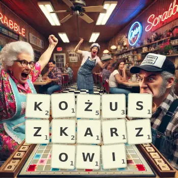 Kreatywna ilustracja do gry w Scrabble ze słowem KOŻUSZKARZOWI ułożonym z płytek na planszy.