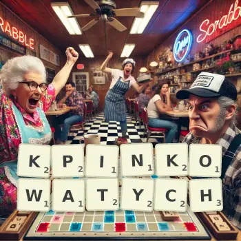 Kreatywna ilustracja do gry w Scrabble ze słowem KPINKOWATYCH ułożonym z płytek na planszy.