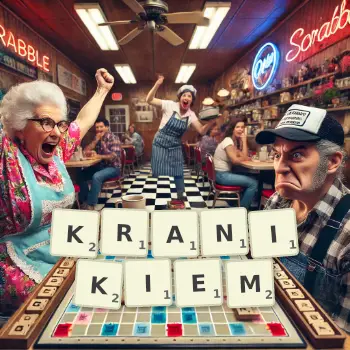 Kreatywna ilustracja do gry w Scrabble ze słowem KRANIKIEM ułożonym z płytek na planszy.