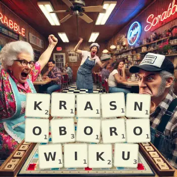 Kreatywna ilustracja do gry w Scrabble ze słowem KRASNOBOROWIKU ułożonym z płytek na planszy.