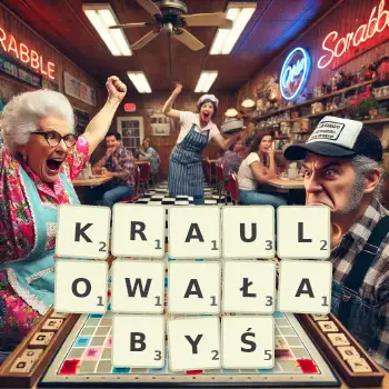 Kreatywna ilustracja do gry w Scrabble ze słowem KRAULOWAŁABYŚ ułożonym z płytek na planszy.