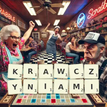 Kreatywna ilustracja do gry w Scrabble ze słowem KRAWCZYNIAMI ułożonym z płytek na planszy.