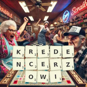 Kreatywna ilustracja do gry w Scrabble ze słowem KREDENCERZOWI ułożonym z płytek na planszy.
