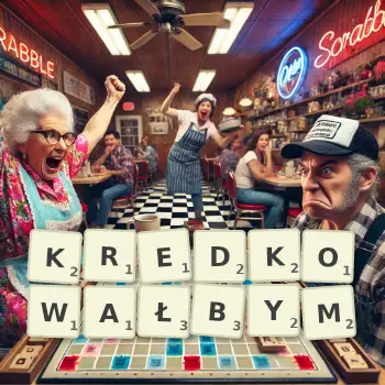 Kreatywna ilustracja do gry w Scrabble ze słowem KREDKOWAŁBYM ułożonym z płytek na planszy.
