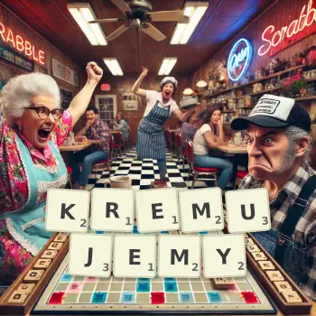 Kreatywna ilustracja do gry w Scrabble ze słowem KREMUJEMY ułożonym z płytek na planszy.