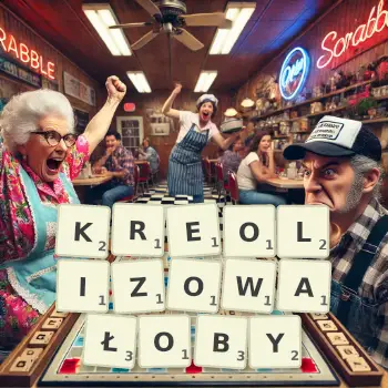 Kreatywna ilustracja do gry w Scrabble ze słowem KREOLIZOWAŁOBY ułożonym z płytek na planszy.