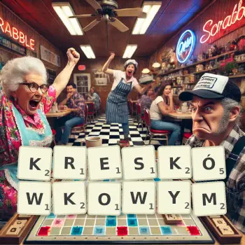 Kreatywna ilustracja do gry w Scrabble ze słowem KRESKÓWKOWYM ułożonym z płytek na planszy.