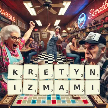 Kreatywna ilustracja do gry w Scrabble ze słowem KRETYNIZMAMI ułożonym z płytek na planszy.