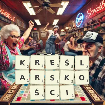 Kreatywna ilustracja do gry w Scrabble ze słowem KREŚLARSKOŚCI ułożonym z płytek na planszy.