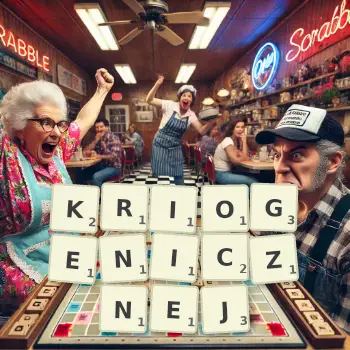Kreatywna ilustracja do gry w Scrabble ze słowem KRIOGENICZNEJ ułożonym z płytek na planszy.