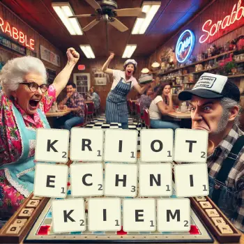 Kreatywna ilustracja do gry w Scrabble ze słowem KRIOTECHNIKIEM ułożonym z płytek na planszy.