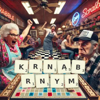 Kreatywna ilustracja do gry w Scrabble ze słowem KRNĄBRNYM ułożonym z płytek na planszy.