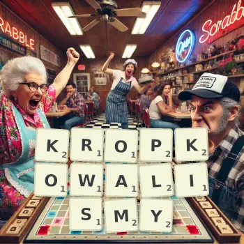 Kreatywna ilustracja do gry w Scrabble ze słowem KROPKOWALISMY ułożonym z płytek na planszy.