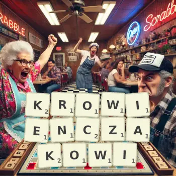 Kreatywna ilustracja do gry w Scrabble ze słowem KROWIENCZAKOWI ułożonym z płytek na planszy.